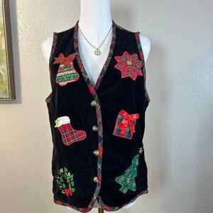 Casey & Max Vintage Christmas Patchwork Vest Plaid Trim‎ Holiday Vest - Size S